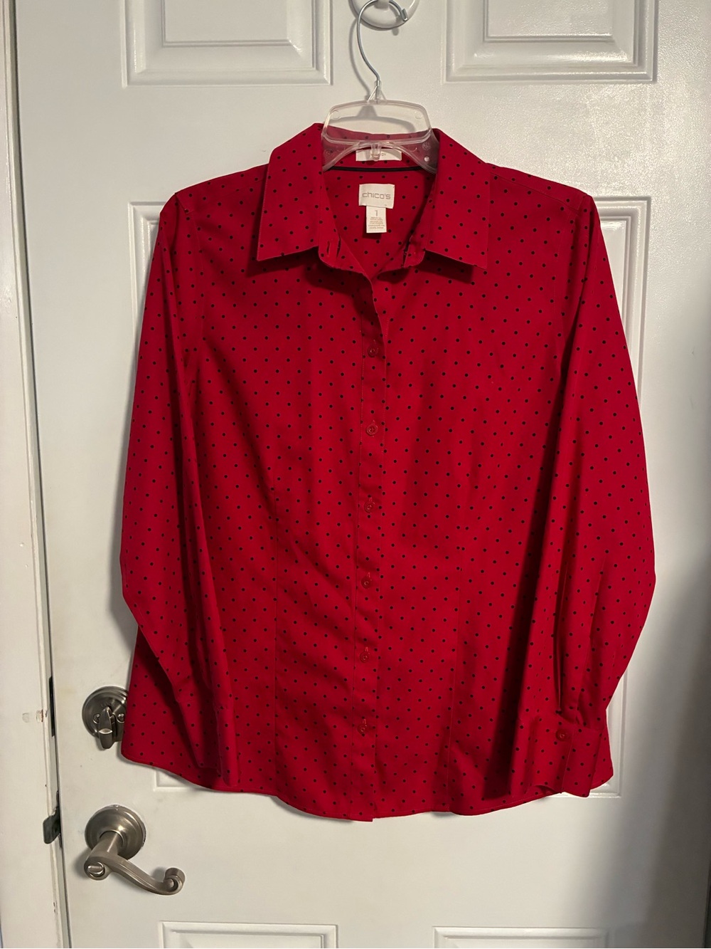 Chico's Red Button-Down Shirt with Black Dot Print